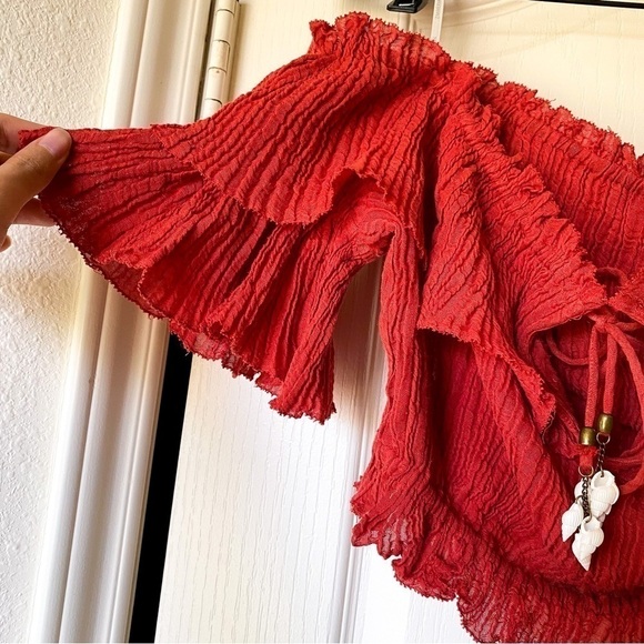 Zimmermann Top Veneto Off-Shoulder Draw Gauze Shell Crinkle Vacation Clay 1 NWT - Picture 3 of 9